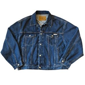 Calvin Klein Signature 90’s Trucker Jacket Blue Denim Button Front Pockets XL